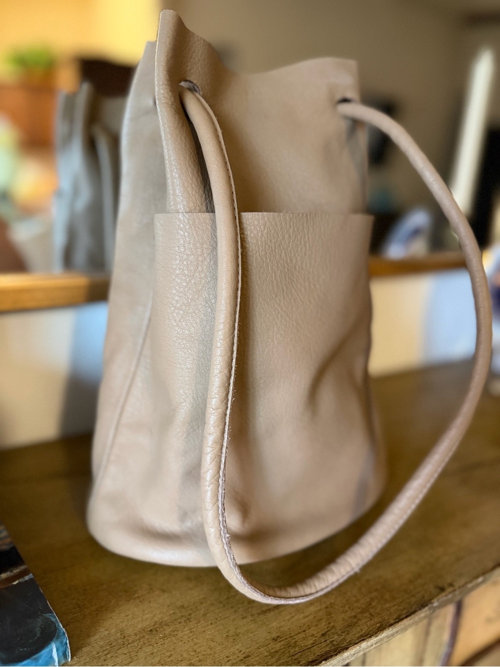 ARE Studio Barrel Bag Minimalist Leather Drawstring Crossbody in Fog